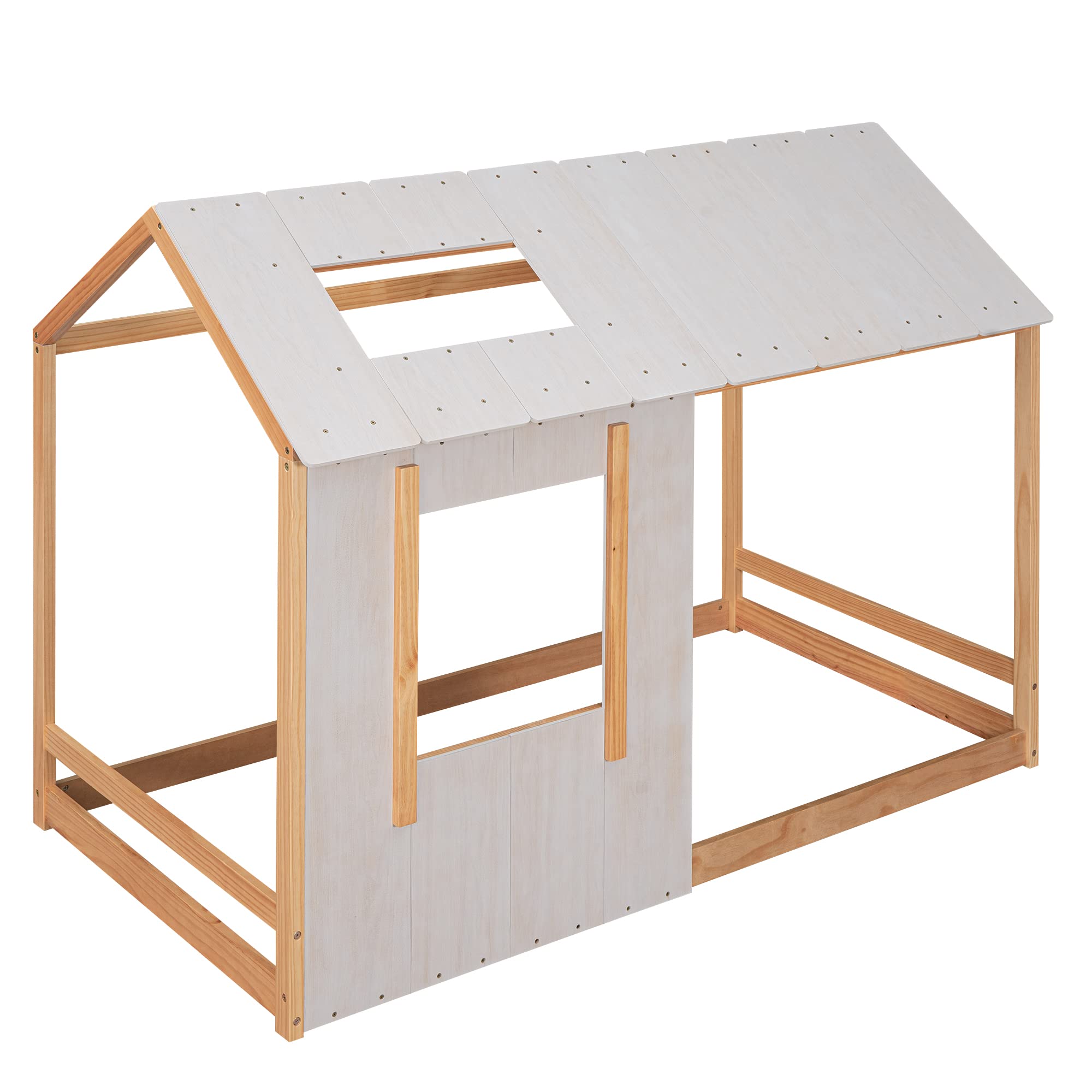 Wooden Twin House Bed Frame with Roof and Window for Kids - Twin Size Floor Bed in Natural & Antique White - Perfect for Boys & Girls Bedrooms, Playrooms, and Cozy Sleepovers