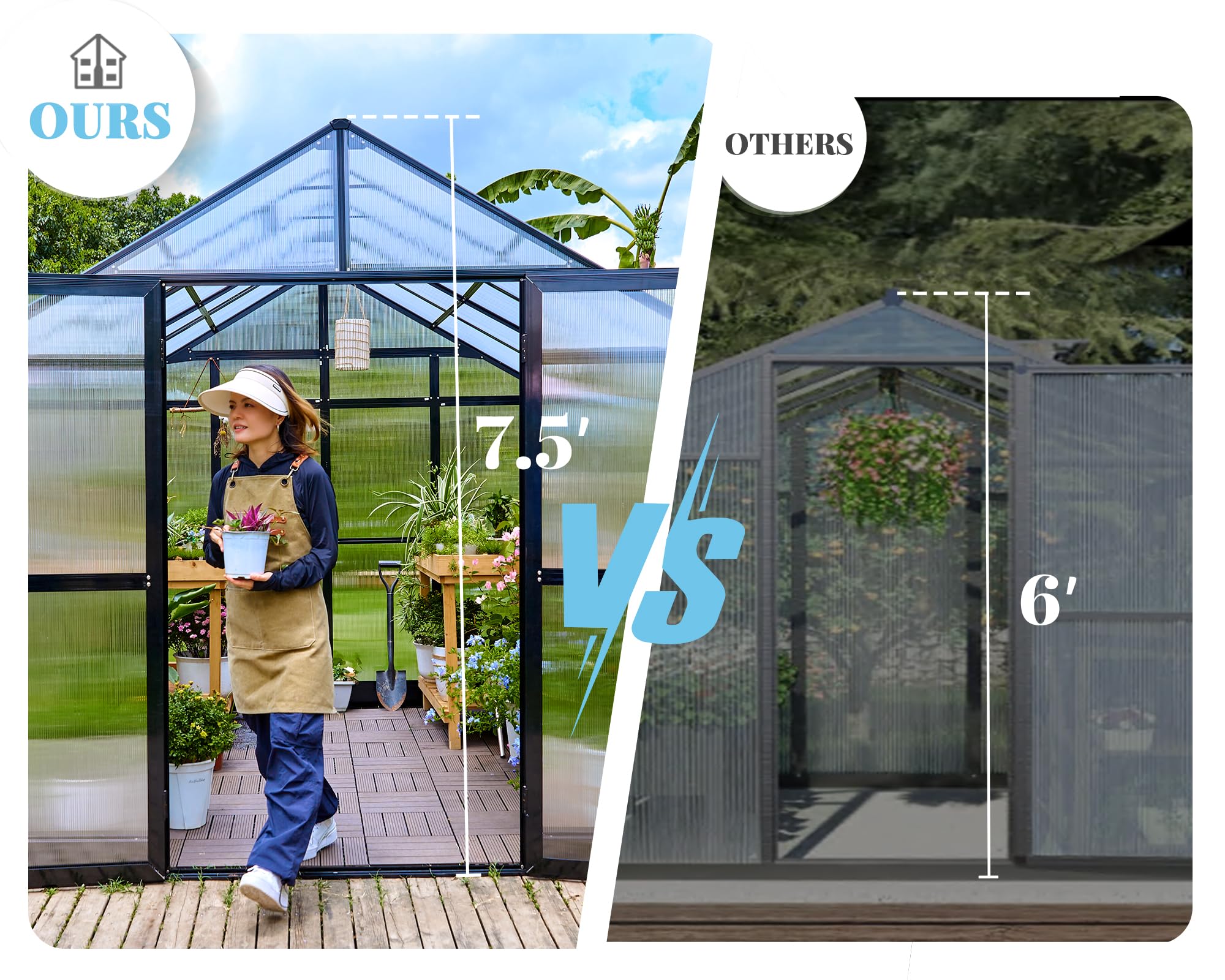 Jocisland 7.5x11.2x7.4 FT Walk-in Greenhouse - Durable Aluminum Frame & Polycarbonate Panels with Ventilation Windows & Rain Gutter System, 2 Swing Doors with Hooks - Perfect for Outdoor Gardening, Backyard Plant Nursery & Year-Round Growing