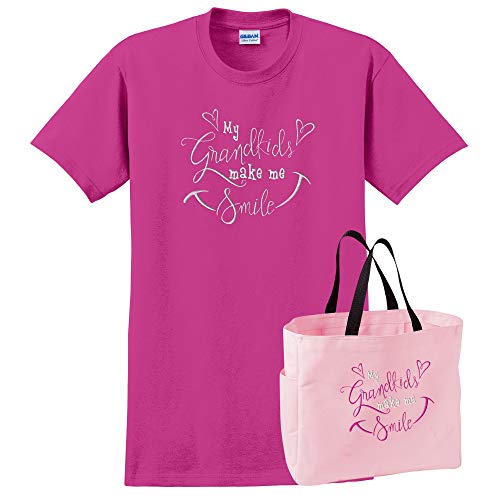 Pink and White 'My Grandkids Make Me Smile' Women's T-Shirt with Tote Bag - Medium Size - Perfect for Grandma Gifts, Family Reunions & Casual Outings