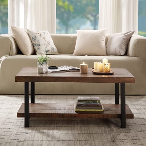 Solid Wood & MDF Coffee Table with Iron Frame and Open Shelf - Industrial Style Living Room Furniture for Modern Home Decor
