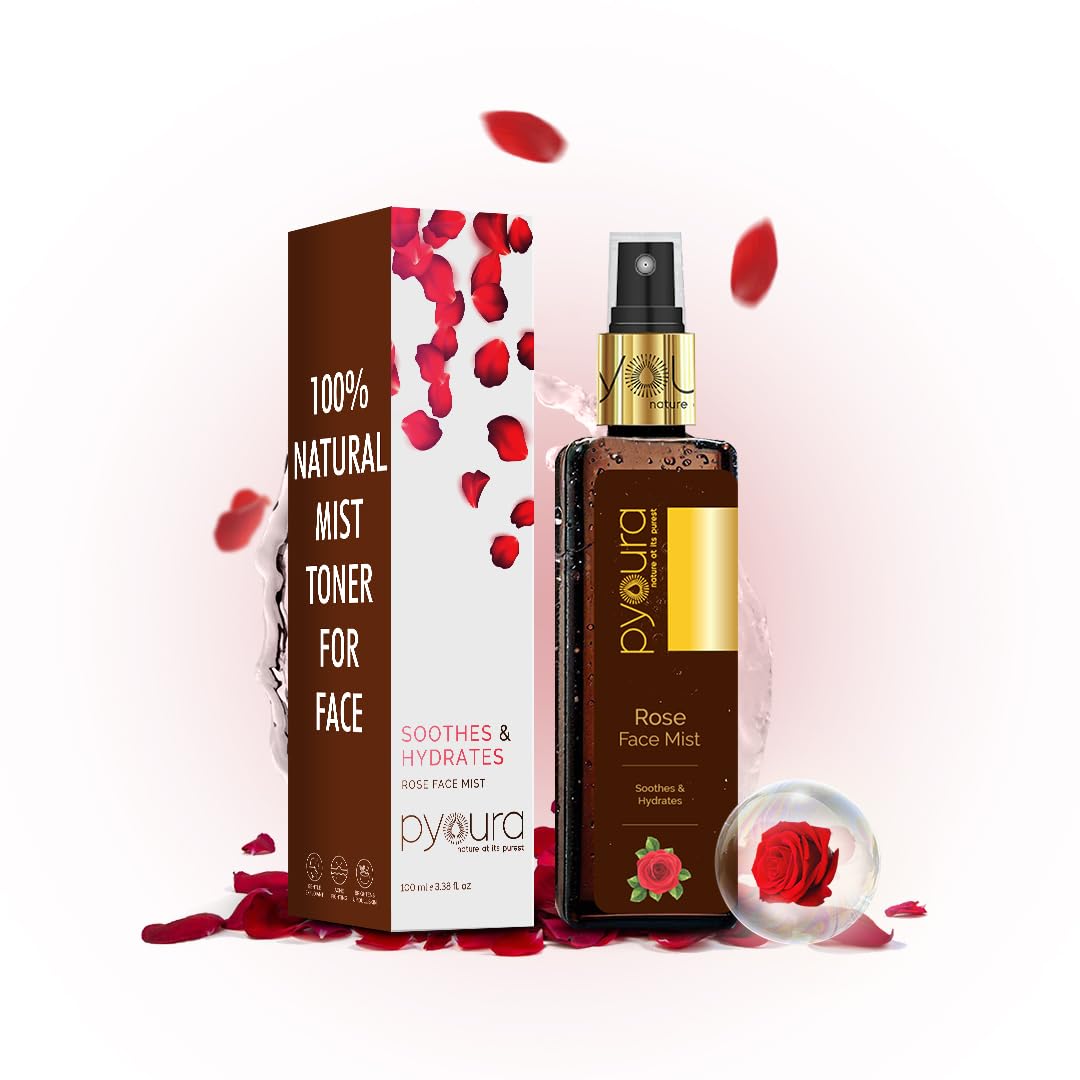 PYOURA 100% Organic Rose Water Face Mist - 100ml Hydrating Toner for Dry Skin, Glowing Complexion & Pore Tightening | Unisex Facial Spray for Women & Men | Perfect for Daily Skincare, Post-Workout Refresh & Makeup Setting
