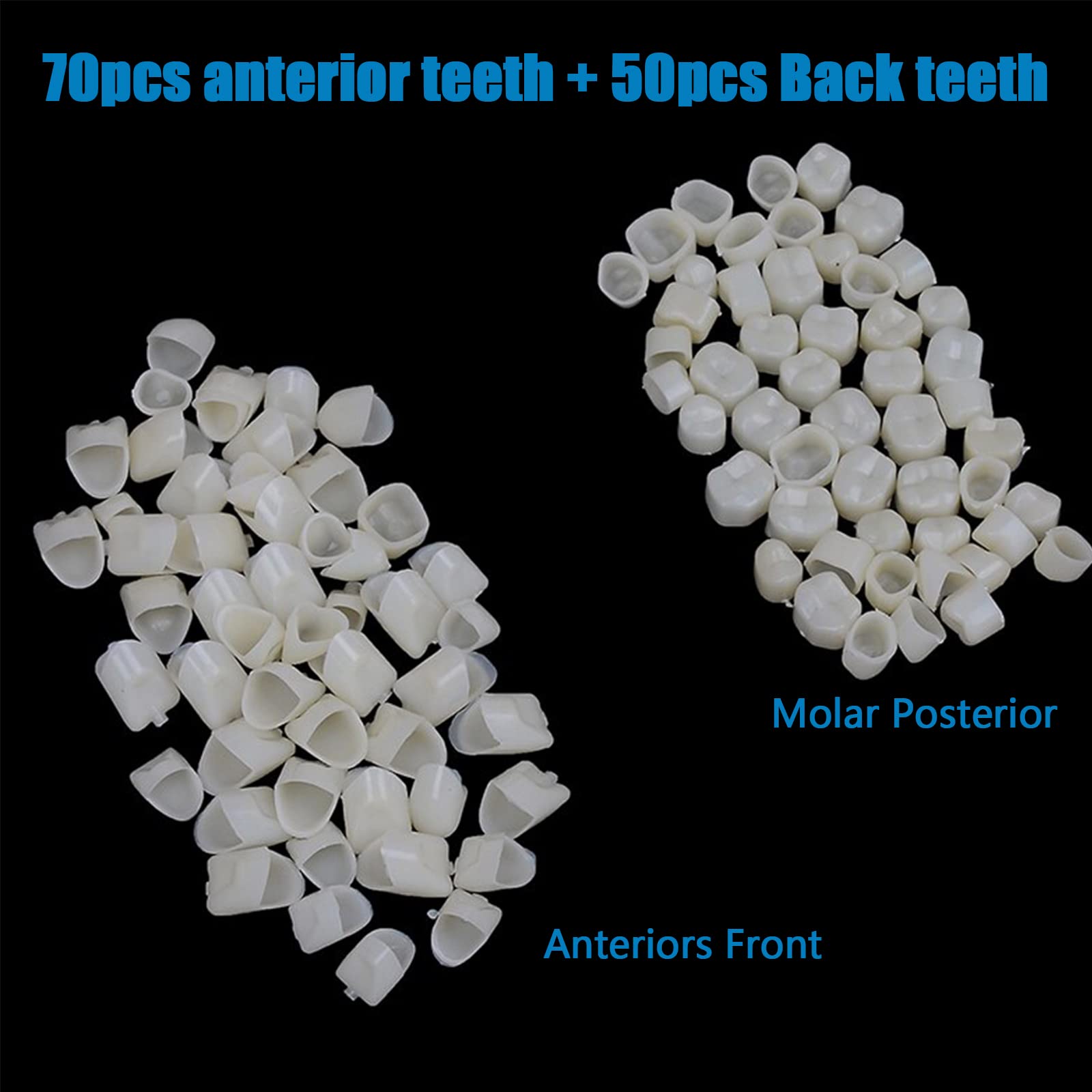 120-Piece Fake Tooth Cap Crown Veneers Set - 50 Front & 70 Back Teeth with Thermal Beads for Dental Teaching, DIY, Cosplay & Halloween Costume Accessories