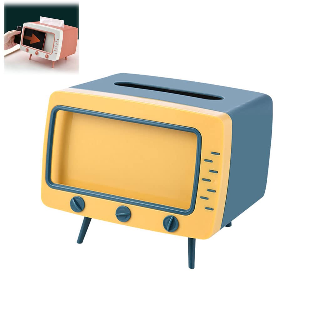 DCNB 2-in-1 TV Shaped Tissue Box Holder & Phone Stand - Creative Multifunctional Tissue Dispenser with Storage Space for Living Room, Bedroom, Office (Blue) - Perfect for Home Decor and Convenient Phone Viewing