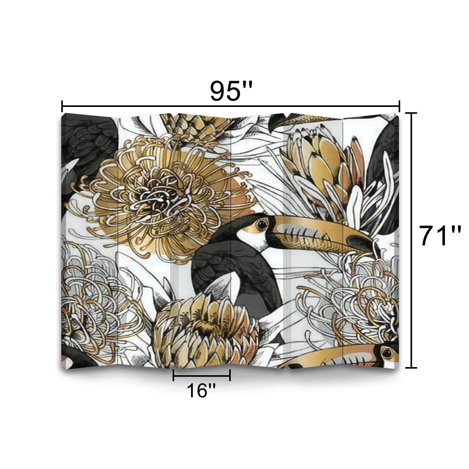 Floral Toucan Canvas Room Divider Screen - 6 Panel Folding Privacy Partition with Gold & Silver Protea Design | Perfect for Home Office, Living Room, Bedroom Separation & Decoration