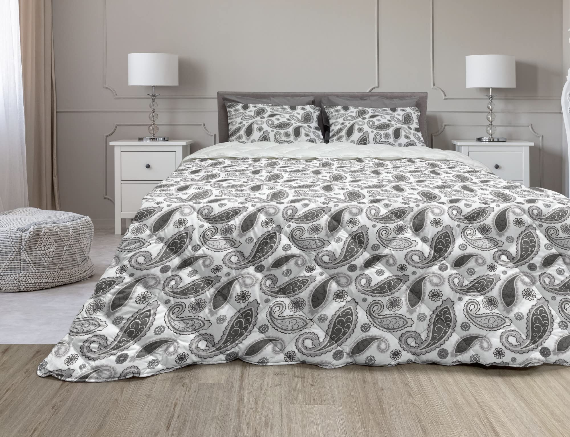 Ambesonne Paisley Comforter & Sham Bedding Set - Minimalist Oriental Floral Leaves Design in Dark Grey & White - 2 Piece Microfiber Duvet Set for Twin Bed - Inspired by Iranian Culture | Perfect for Modern Bedrooms, Guest Rooms & Dorm Decor