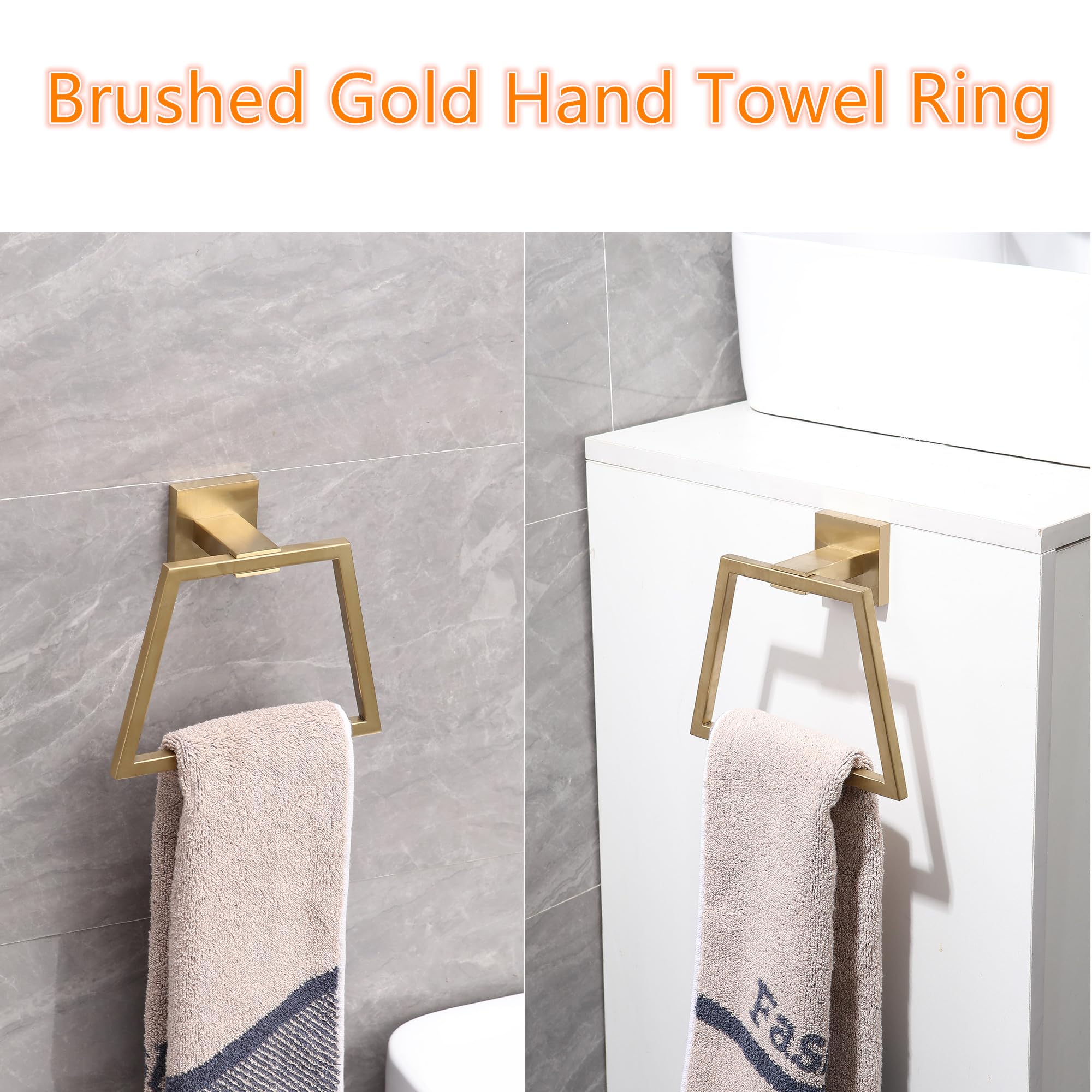 Brushed Gold Square Towel Ring - Modern Stainless Steel Bathroom Towel Holder, Wall Mounted Towel Hanger for Kitchen & Bathroom Decor - Perfect for Guest Bathrooms, Spa Style Showers, and Luxury Powder Rooms
