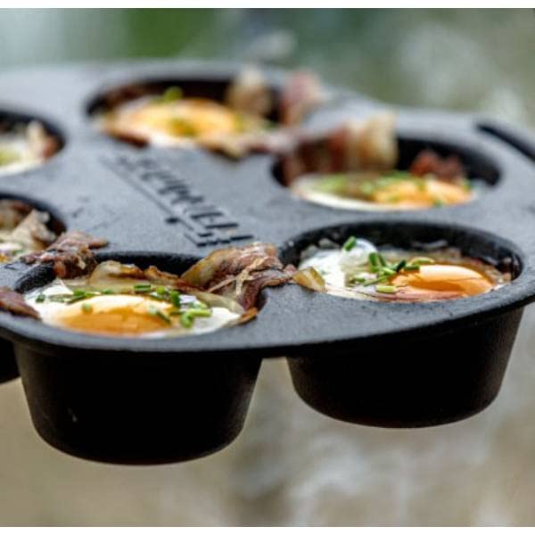 Petromax Pre-Seasoned Cast Iron Muffin Pan - 6 Cup Non-Stick Baking Tray for Oven, Grill & Campfire - Perfect for Muffins, Cupcakes & Camping Desserts