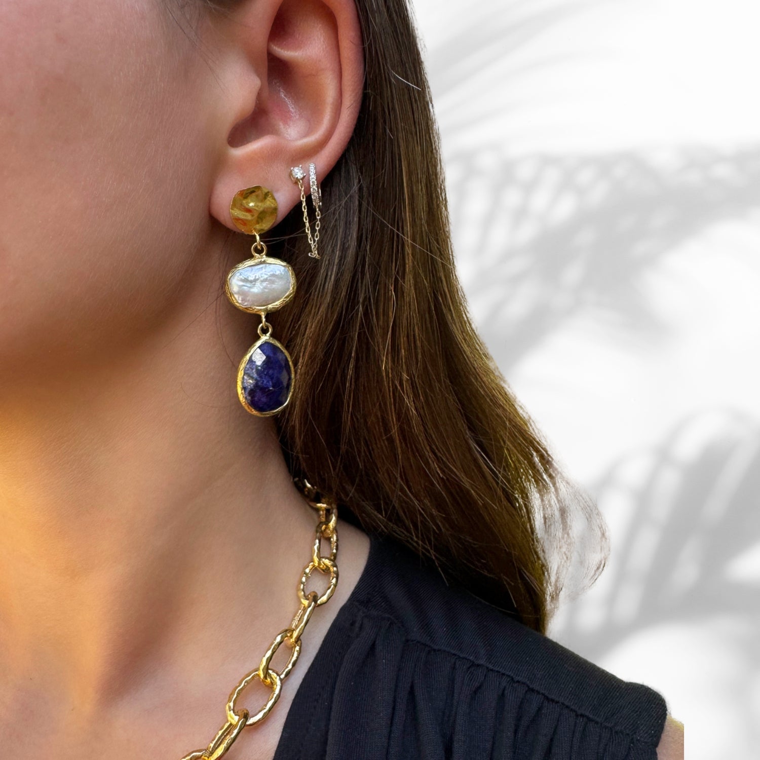 Exquisite Pearl & Sapphire Gemstone Gold Statement Earrings for Women | Elegant Dangle Drop Earrings for Weddings, Parties & Special Occasions | Luxury Jewelry Gift for Her