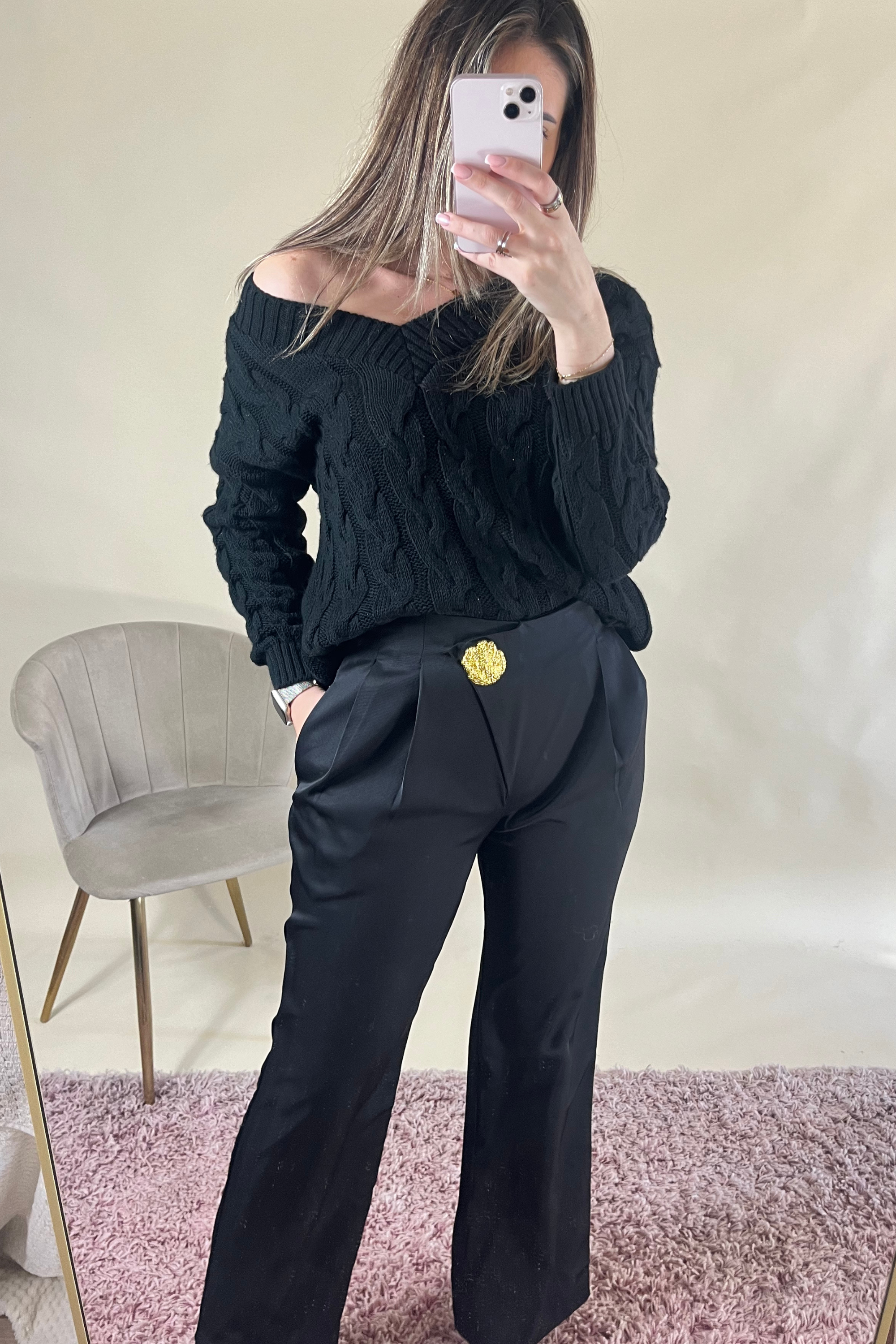 Elegant Black Tailored Trousers with Gold Brooch Detail - Women's Formal Office Pants for Business & Evening Occasions