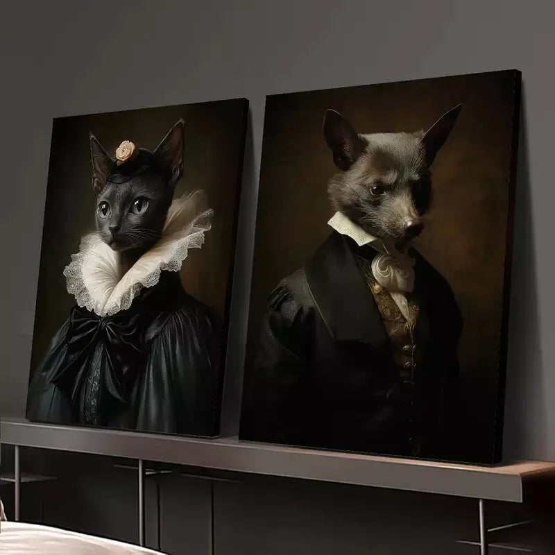 2pcs Black Cat & Bat Gothic Renaissance Portrait Canvas Wall Art - 50x75cm Framed High Quality Print | 100% Australian Made | Ready to Hang | Perfect for Halloween Decor, Gothic Home Decor & Dark Academia Aesthetic