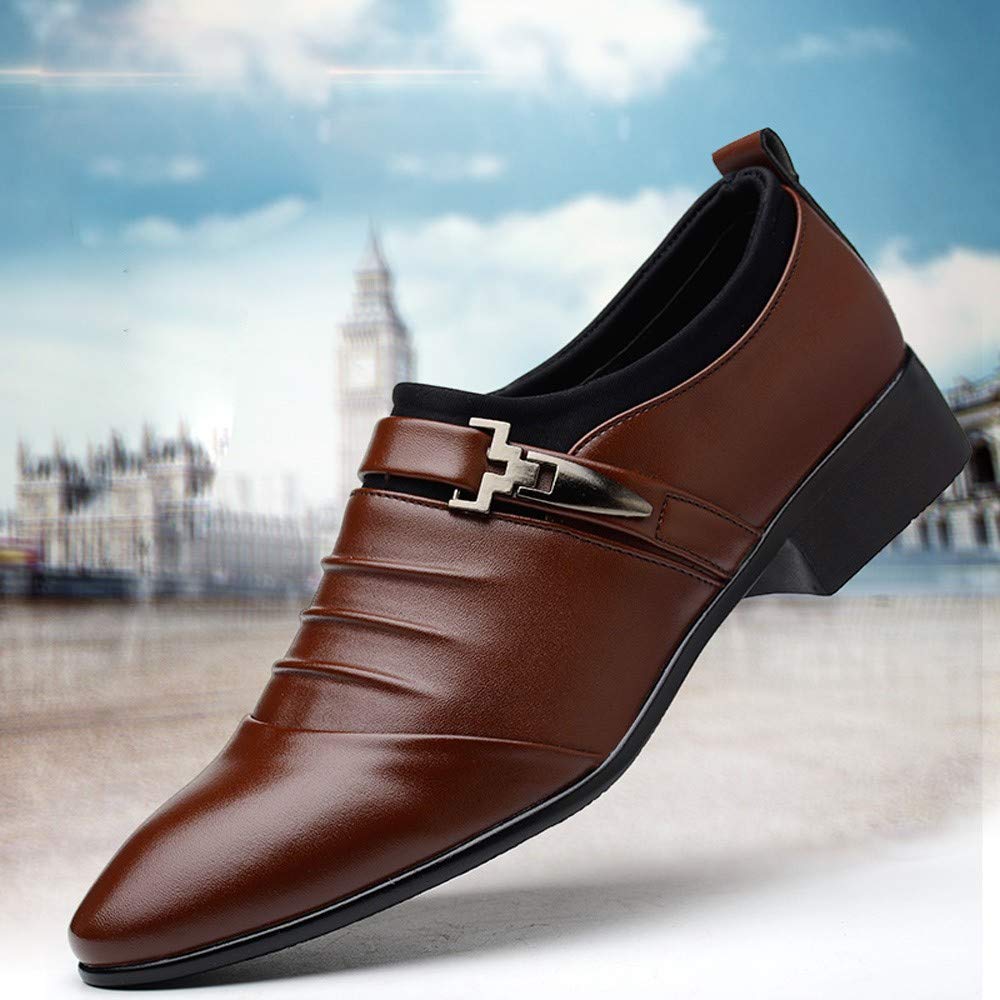 IQYU Men's Lightweight Leather Moccasin Shoes - British Style Pointed Toe Formal Dress Shoes for Wedding & Business - Comfortable Safety Shoes for Office, Party & Special Occasions