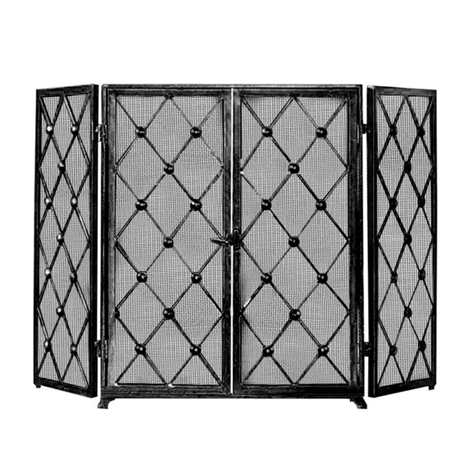Black Rustic Folding Iron Mesh Fireplace Screen with Door - 3-Panel Spark Guard for Indoor/Outdoor Use - Baby & Pet Safe Fire Pit Protector for Wood Burning & Gas Fireplaces - Perfect for Living Rooms, Patios & Camping