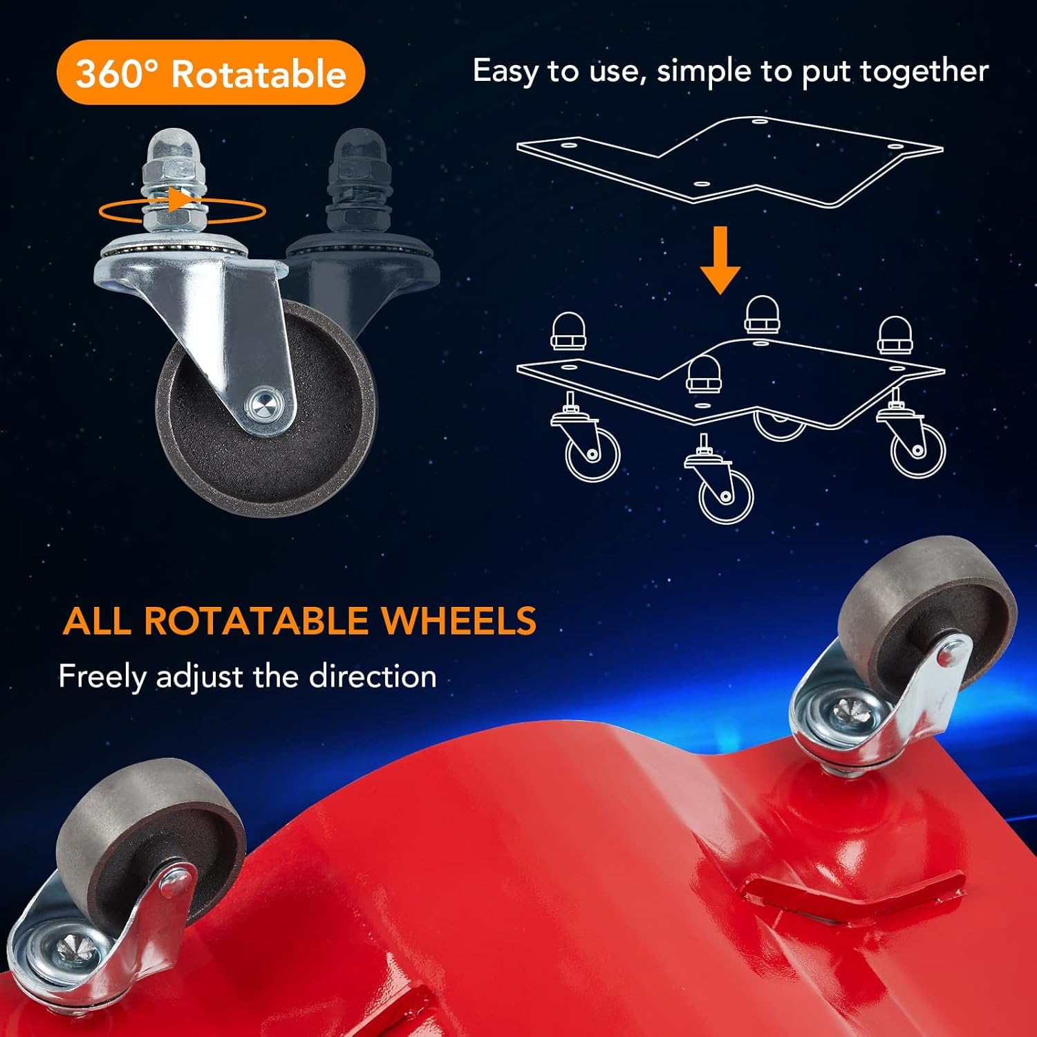 GARVEE 4-Piece Premium Manganese Steel Car Wheel Dolly Set - 6000 Lbs Capacity Heavy Duty 360° Rotatable Wheels (Red) - Perfect for Garage Storage, Vehicle Maintenance, and Auto Shop Tire Positioning