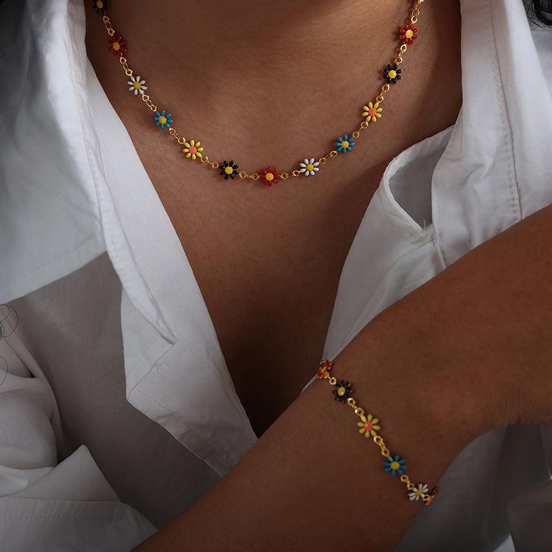 Bohemian Flower Stainless Steel Jewelry Set for Women - Colorful Necklace & Bracelet Combo | Boho Chic Accessories for Casual Wear, Festivals & Beach Outfits