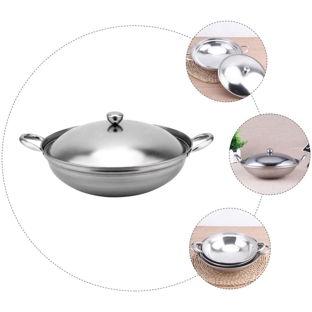 Hemoton 22cm Stainless Steel Chinese Wok Pan with Lid - Double Handle Stir Fry Skillet for Home Cooking, Outdoor Picnic & Camping - Durable Kitchen Cookware for Asian Cuisine, Stir Frying & Deep Frying