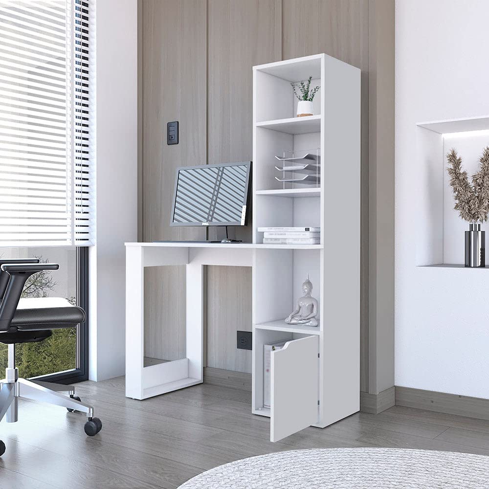 Aragon White Office Desk with 4-Tier Bookcase & Lower Cabinet - Modern Home Office Furniture for Small Spaces, Work from Home & Study Room Organization