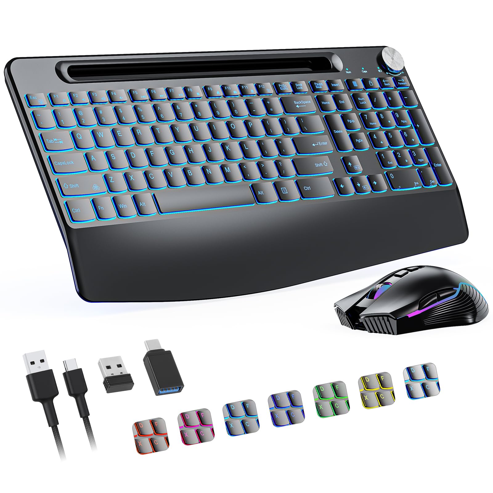 2.4G Wireless Keyboard and Mouse Combo - Rechargeable Ergonomic Wireless Keyboard with 7-Color Backlit, Phone Stand & Volume Control for Mac/Windows PC/Laptop - Perfect for Office, Gaming & Home Use