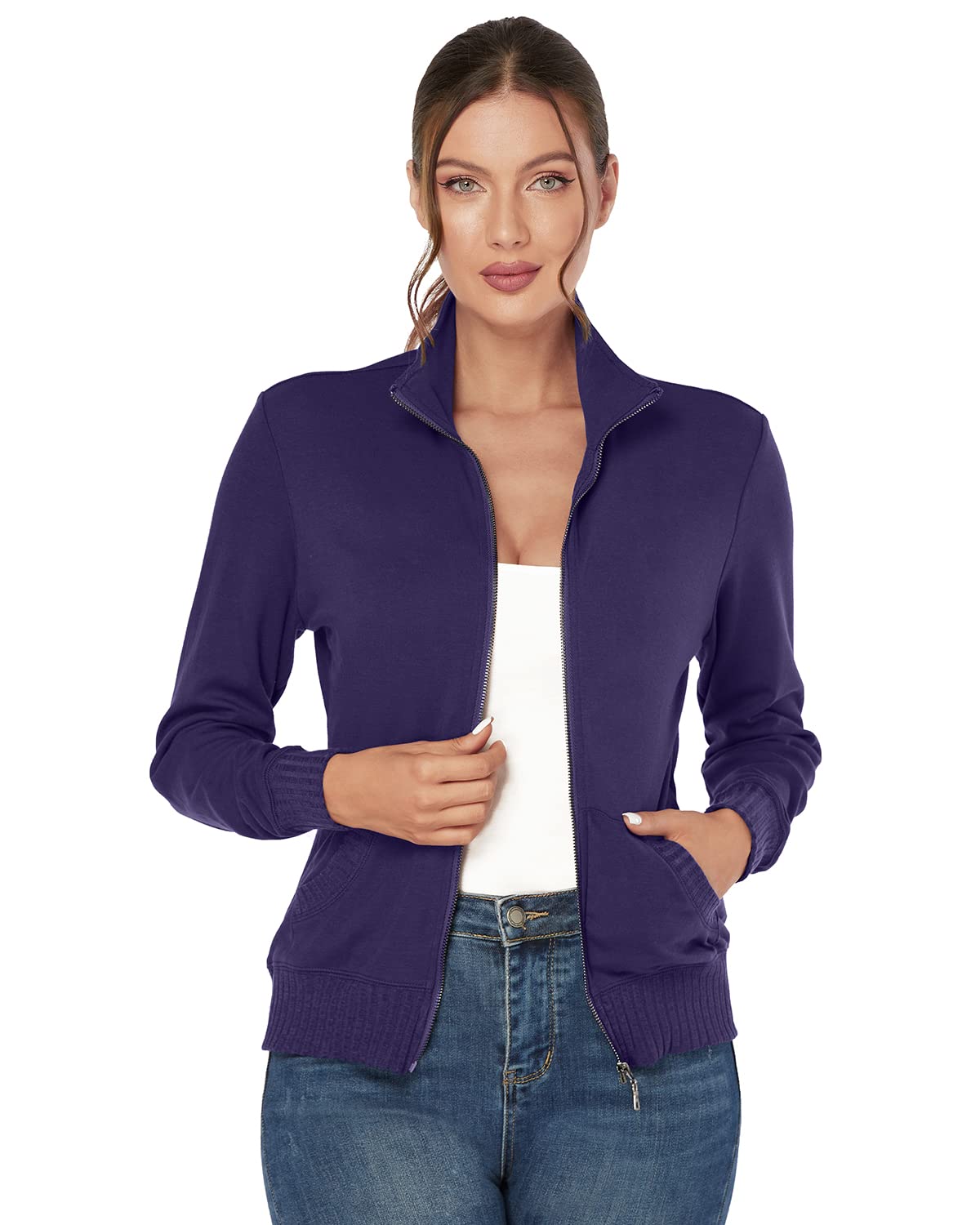 J.Corrine Women's Stand Collar Zip Up Sweatshirt Jacket - Long Sleeve Running Track Hoodie with Pockets for Outdoor Sports & Casual Wear - Navy Blue