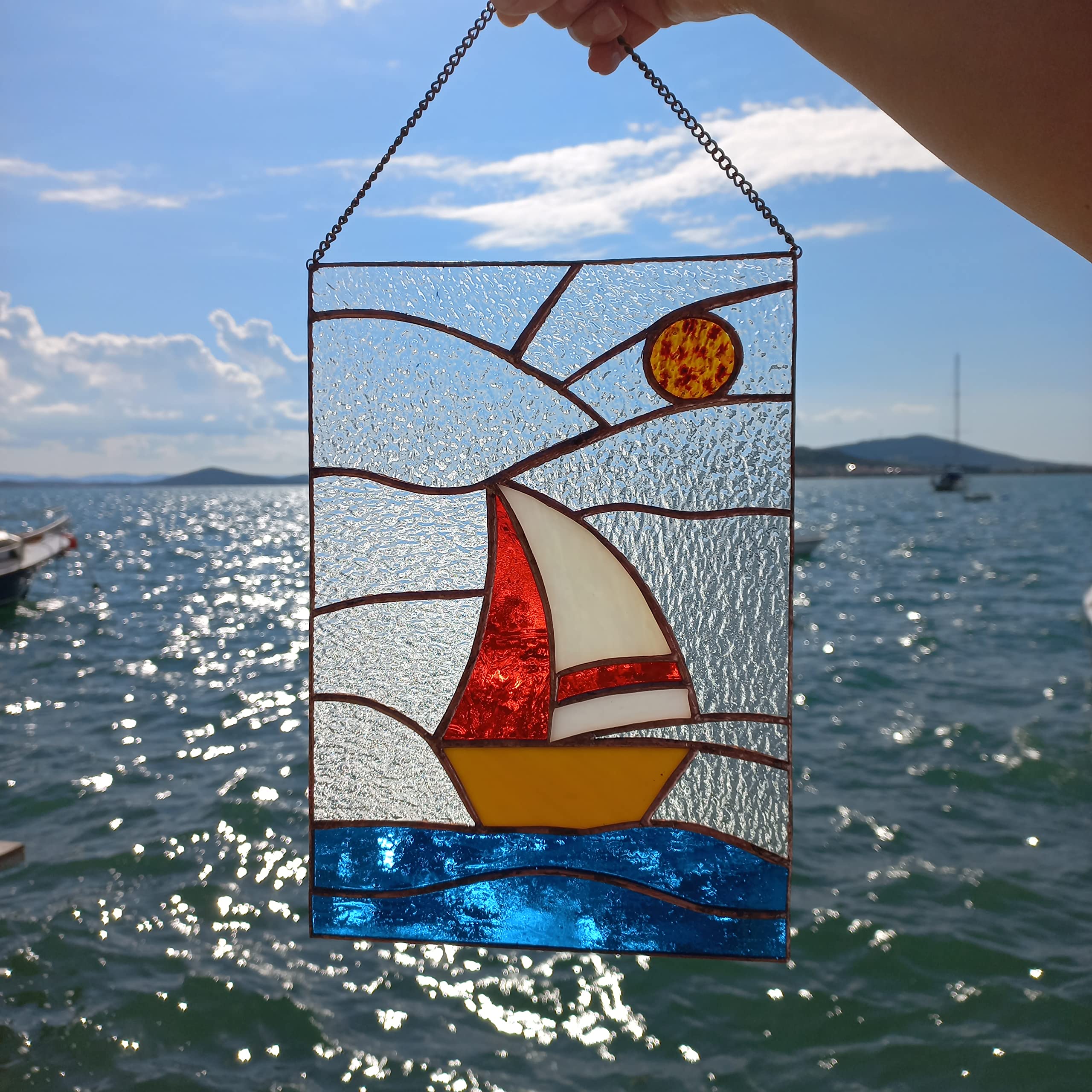 White Sailboat Stained Glass Panel - Handcrafted Window Hanging Decor | Nautical Yacht Art Piece | Coastal Home & Office Decoration | Perfect Gift for Mom, Beach House, or Boat Lover | Ideal for Living Room, Bedroom, or Sunroom Decor