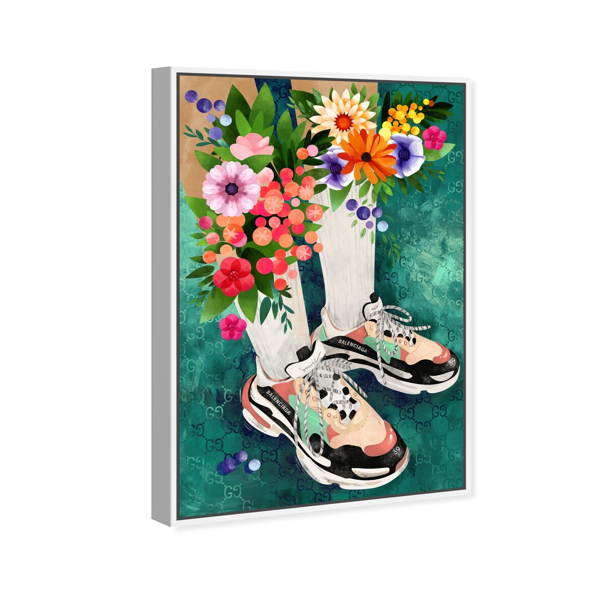 Stylish Floral Sneakers & Socks Set with Modern Green Canvas Wall Art - Perfect for Bedroom Decor and Casual Outfits