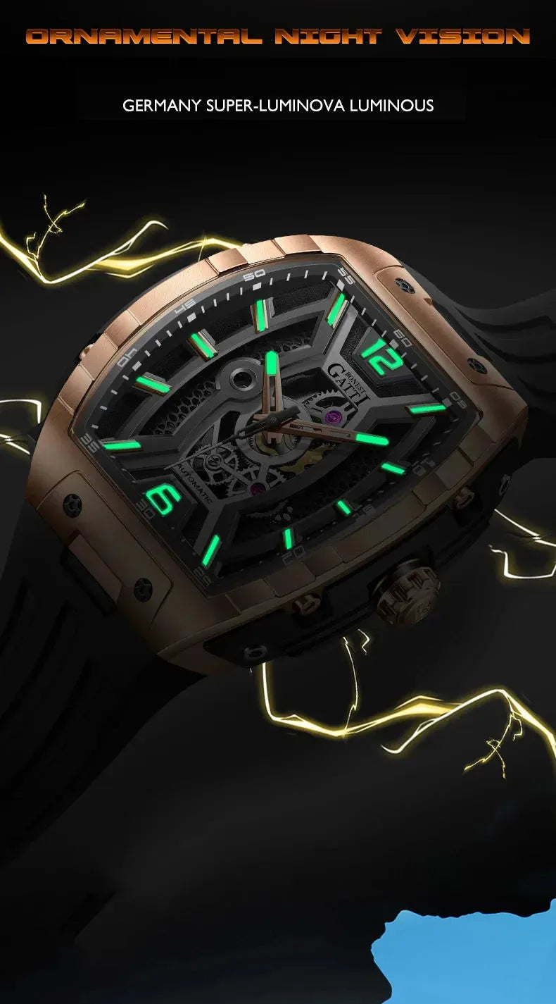 Luxury BONEST GATTI Men's Automatic Mechanical Watch 46MM Tonneau Case - Waterproof Sapphire Crystal Skeleton Dial with Luminous Hands & Viton Strap - Perfect for Business, Formal Events & Gift Giving