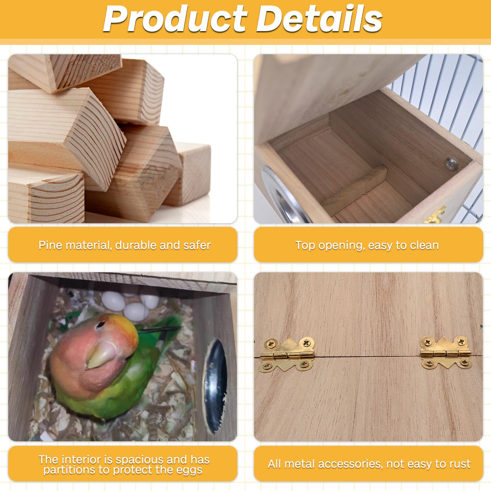 Premium Wooden Parakeet Nesting Box - Bird House for Cage, Mating & Breeding Box for Lovebirds, Cockatoo, Budgie, Finch, Canary - Small & Medium Birds (9.8