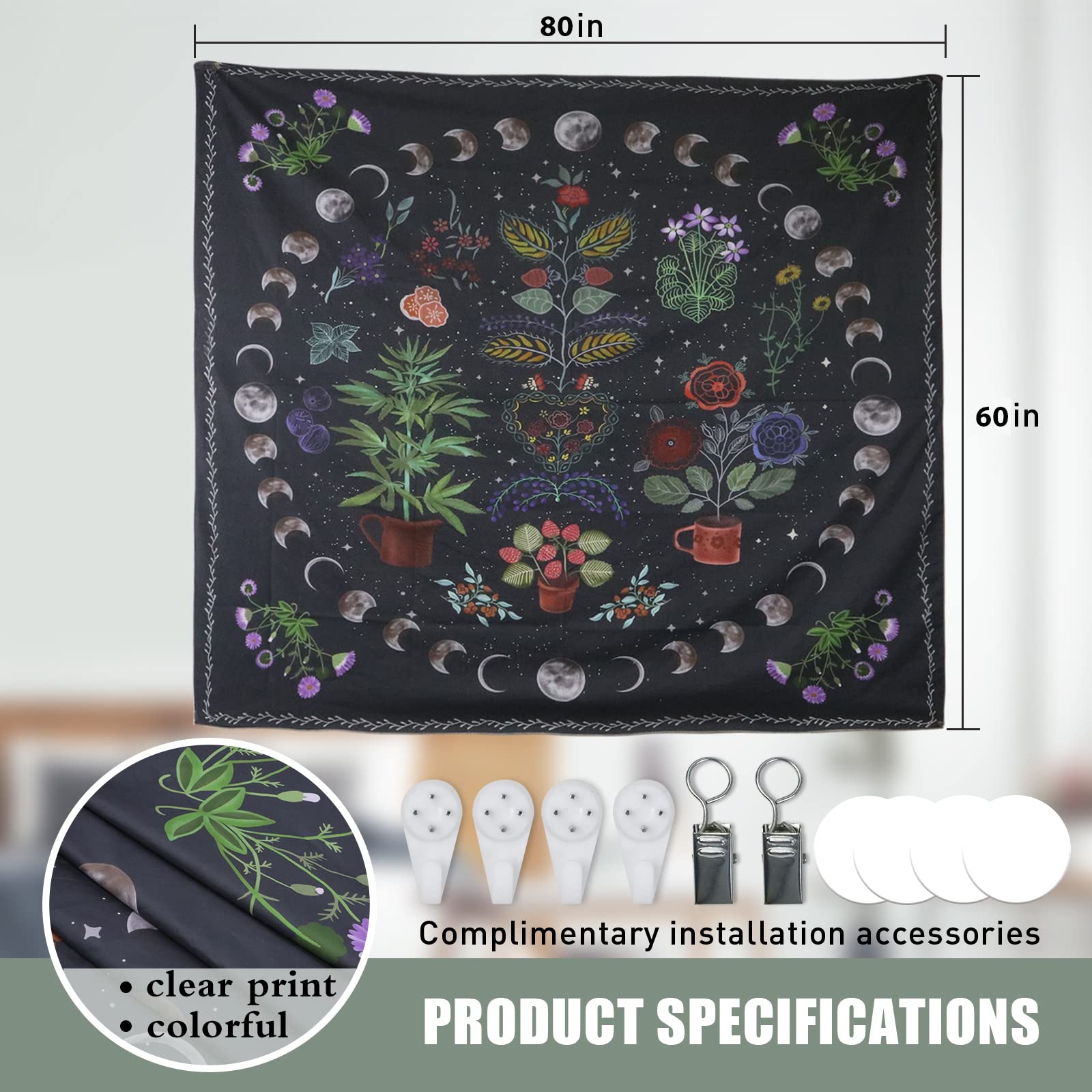 LINICE Moon Phase Plant Tapestry Wall Hanging - Bohemian Mandala Botanical Decor for Bedroom, Home & Dorm | Nature-Inspired Aesthetic Room Decor for Meditation Spaces & Boho Chic Interiors