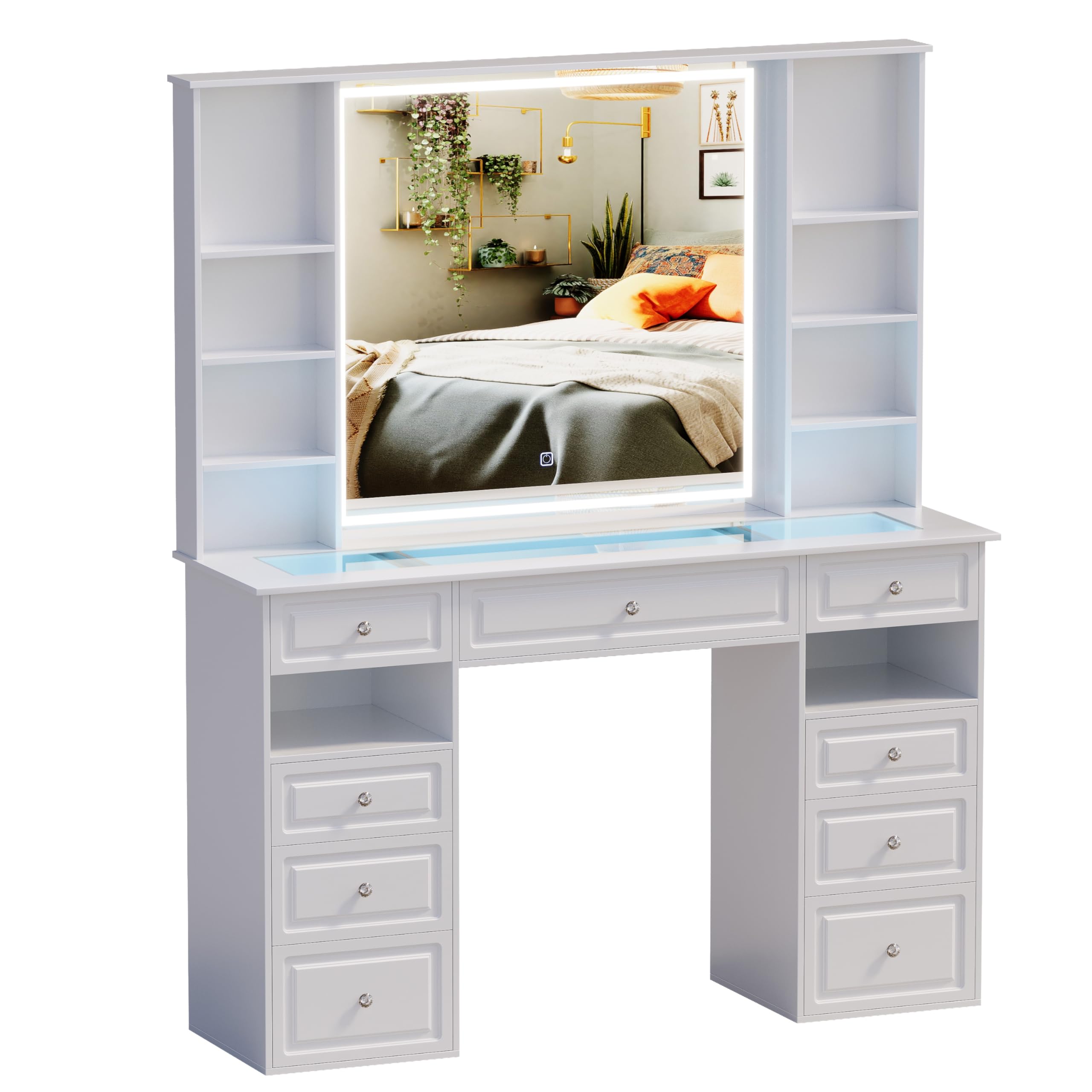 **Vanity Desk with Mirror and Lights - Glass Top Dressing Table with 9 Drawers, European Style Makeup Vanity, Crystal Ball Knobs, White & Glass Top - Perfect for Bedroom, Dressing Room, and Makeup Studio**