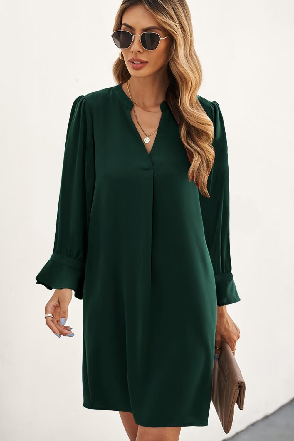 QACOHU Women's Flowy V-Neck Ruffle Long Sleeve Dress - Casual Loose Shift Dress for Spring Summer & Autumn Winter 2025 | Perfect for Office, Date Night & Special Occasions