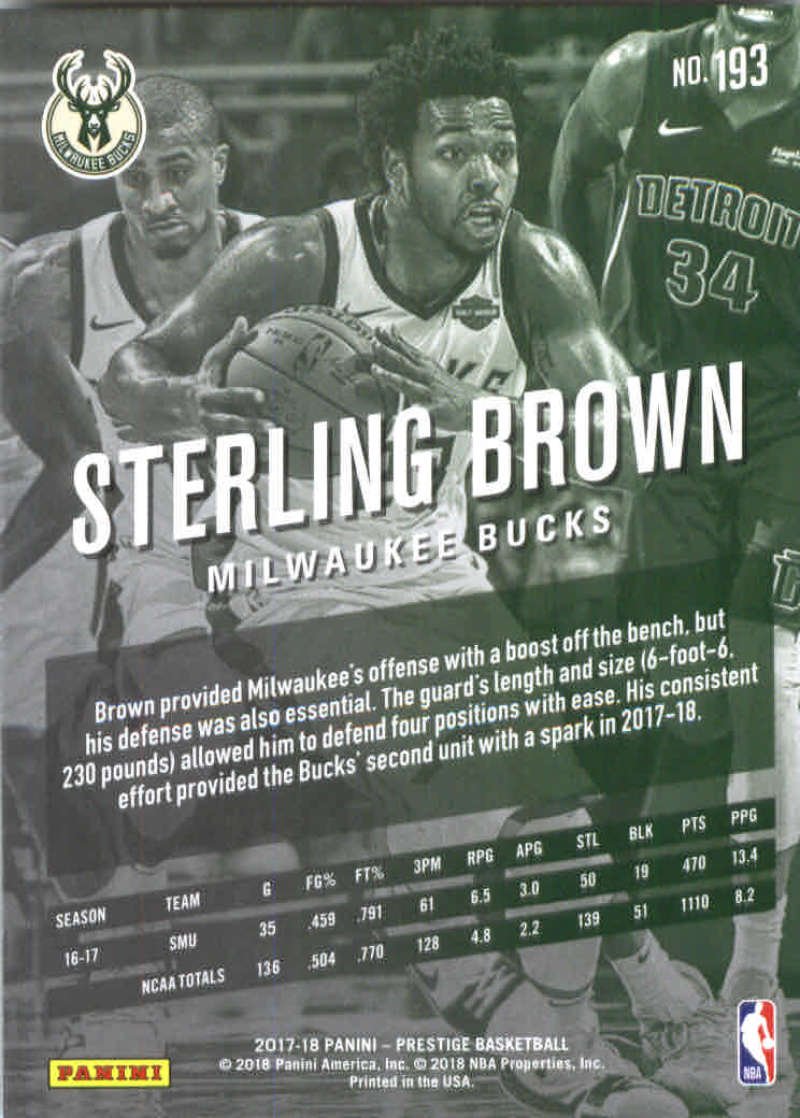 2017-18 Panini Prestige #193 Sterling Brown Milwaukee Bucks Rookie Basketball Card - Collectible NBA Trading Card for Fans & Investors | Perfect for Memorabilia Collections, Sports Gifts, and Card Grading