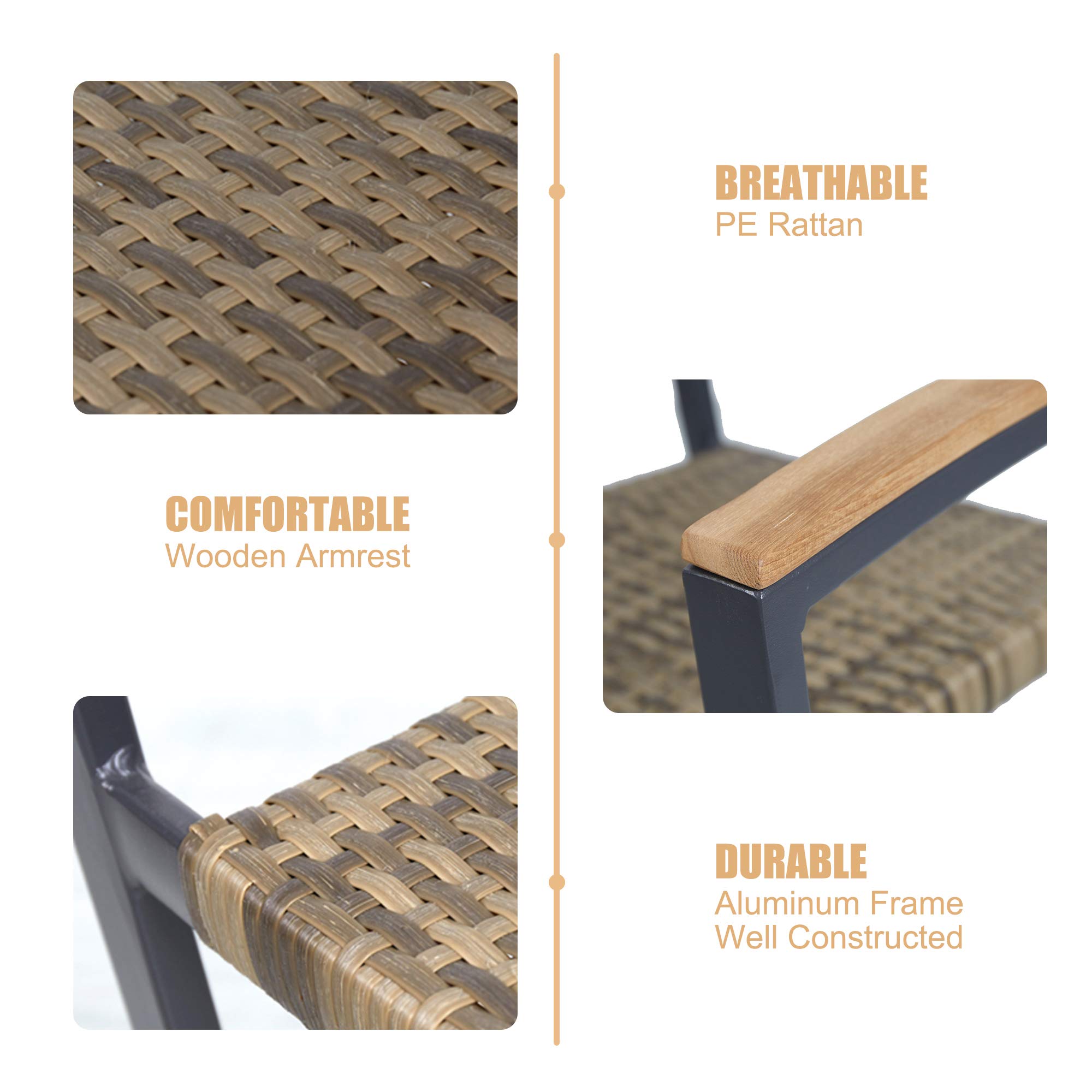 TRY & DO 4-Piece Patio Dining Chairs Set - Outdoor Stackable Wicker Chairs with Wooden Armrests, PE Rattan & Aluminum Frame - Perfect for Garden, Balcony, Lawn & Indoor Use (Brown) | Durable Outdoor Furniture for Entertaining, Relaxing & Dining Al Fresco