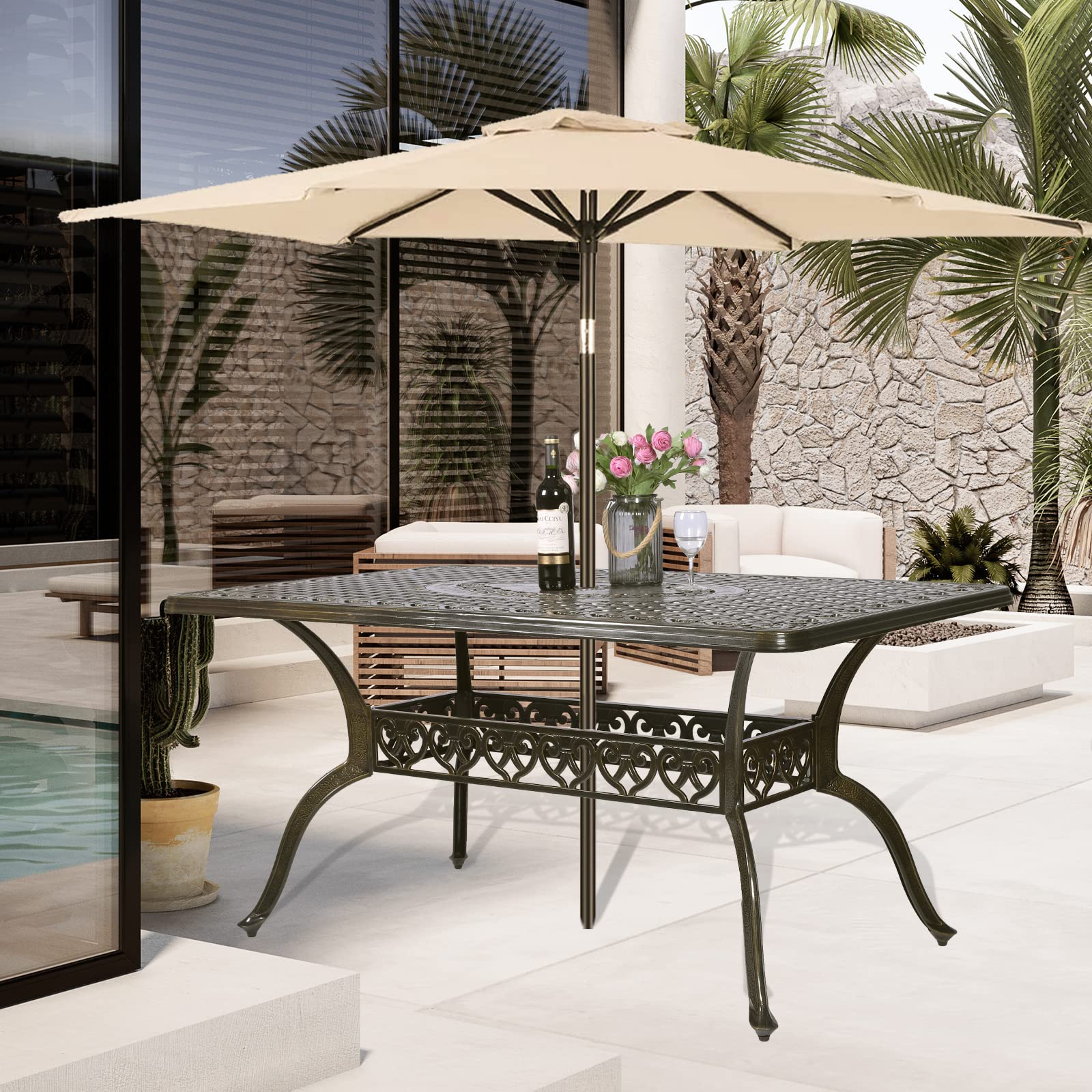 VIVIJASON Outdoor Patio Dining Table - Rustic Bronze Rectangle Cast Aluminum Table with Umbrella Hole - Perfect for Backyard BBQs, Garden Parties & Poolside Dining