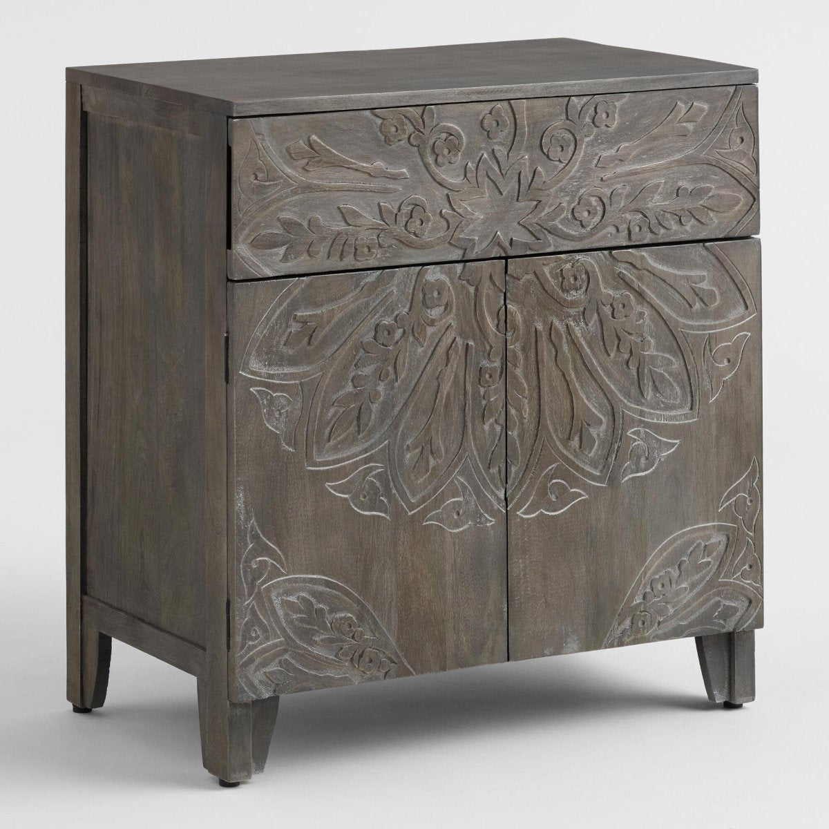 Handmade Floral Medallion Carved Tara Cabinet - Grey Wooden Small Sideboard for Living Room, Bedroom & Entryway Storage