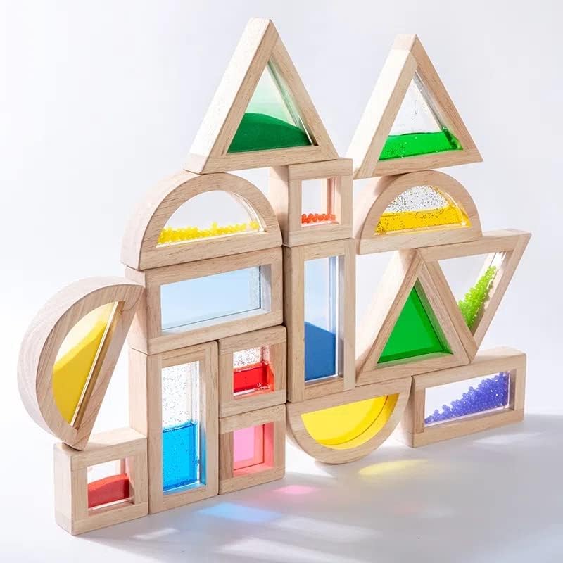 16-Piece Large Wooden Building Blocks for Toddlers - Rainbow Geometry Sensory Stacking Construction Toys | Educational Preschool Learning Toys for Boys & Girls | Perfect for Daycare, Homeschool & Playroom Activities