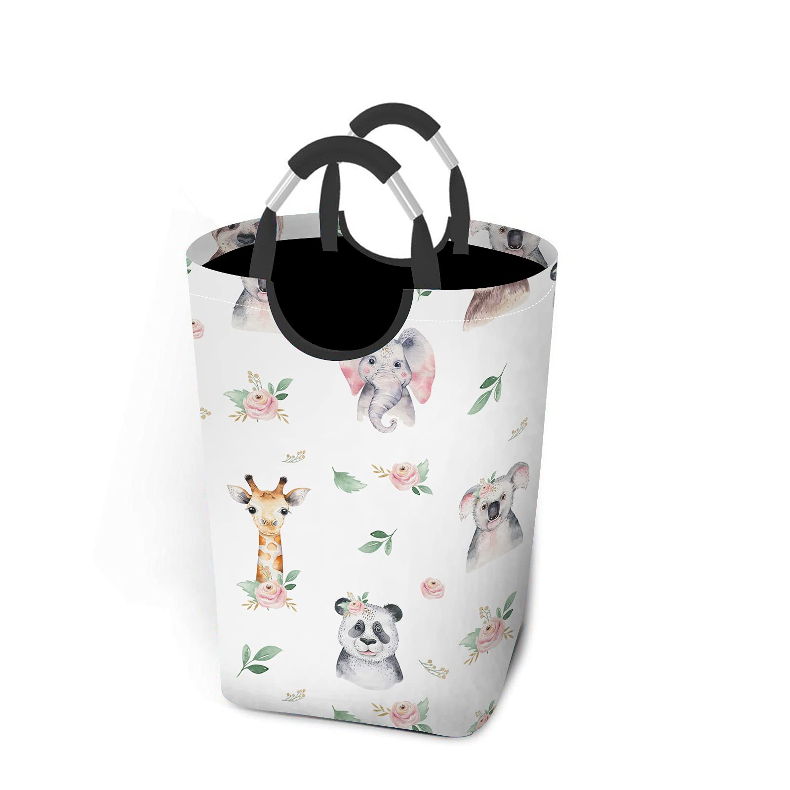 Beabes Folding Laundry Hamper with Aluminum Handle - Cute Panda, Deer, Elephant & Koala Design, Green Leaves & Flowers Storage Basket for Bathroom, Dorm, Closet (Square) | Perfect for Kids Room, Nursery & College Dorm Organization