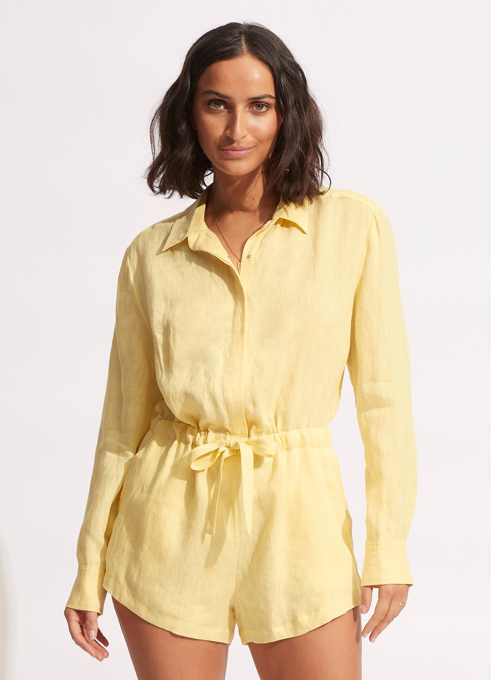 Stylish Linen Playsuit in Lemon Yellow - Perfect for Summer Outings & Beach Vacations
