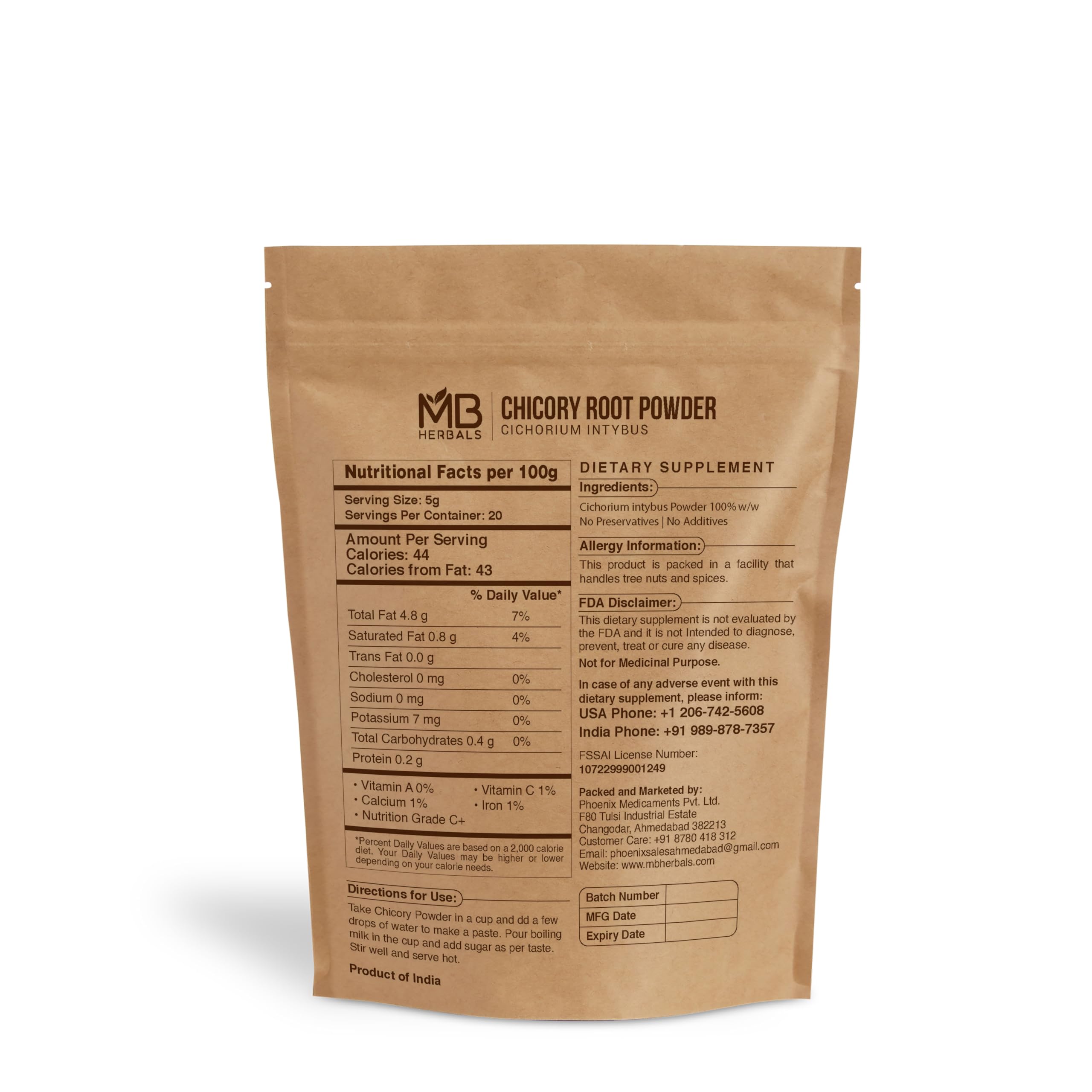 MB Herbals Instant Chicory Granulated Powder 100g (3.5 oz) - Roasted, Non-GMO, Gluten Free, No Preservatives - Perfect for Coffee Alternative, Baking & Healthy Drinks - Dissolves Easily in Hot Milk & Water