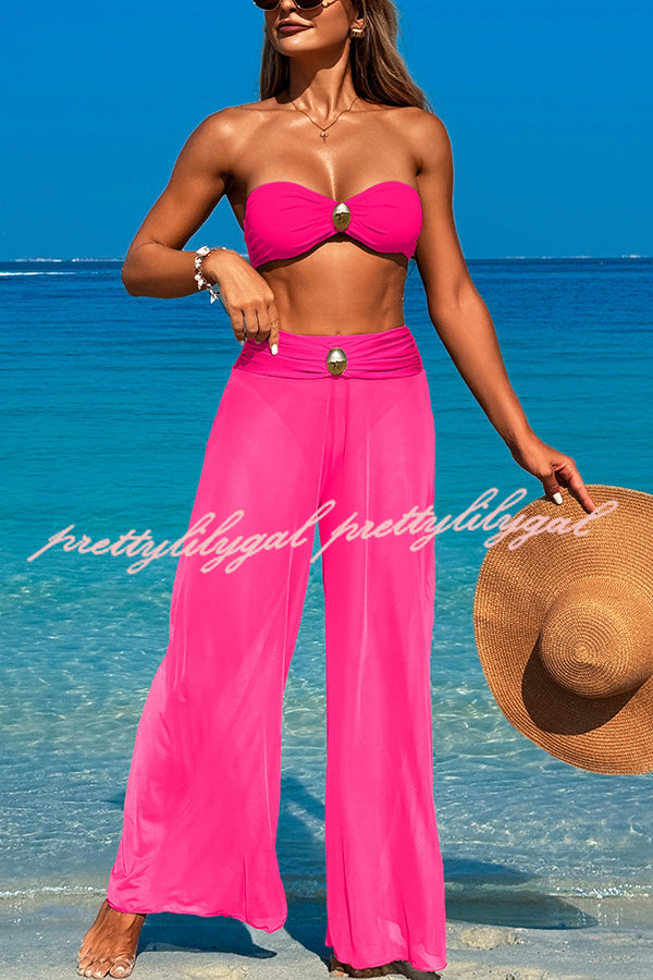 Solid Color Metal Button Stretch Two-Piece Bikini Swimsuit for Women - Beach, Pool, Vacation & Summer Fashion