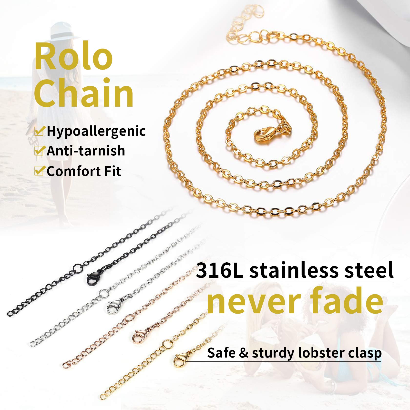 ChainsHouse Thin Rolo Chain Necklaces for Women & Men - 1.4MM/2MM Stainless Steel Cable Chains with 5cm Extender - 14K Gold, Rose Gold & Black Plated Options - 16-30 Inch Adjustable Length - Perfect for Layering, Gifts & Everyday Wear