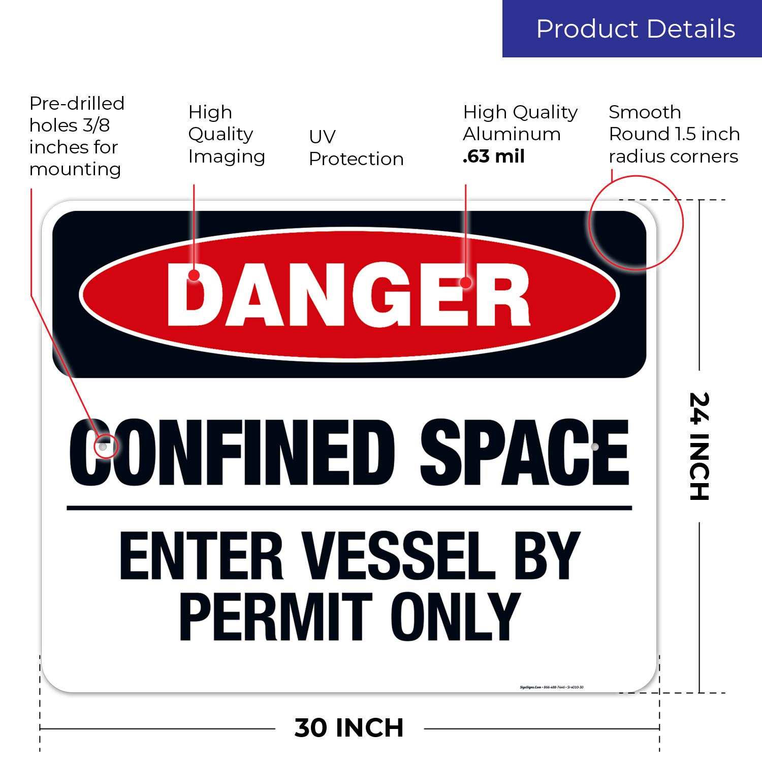 Danger Confined Space Enter Vessel by Permit Only Sign - OSHA Approved 24x30 Inches Rust-Free .063 Aluminum Safety Sign - Fade Resistant for Indoor/Outdoor Use - Made in USA - Perfect for Construction Sites, Industrial Facilities & Hazardous Work Areas