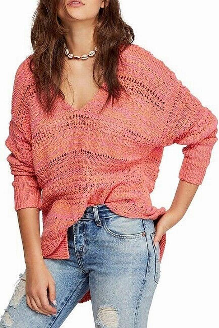 Free People Women's V-Neck Sweater - Hot Tropics Pullover in Pink (XS) | Cozy Casual Wear for Fall & Winter | Perfect for Office, Dates & Weekend Outfits