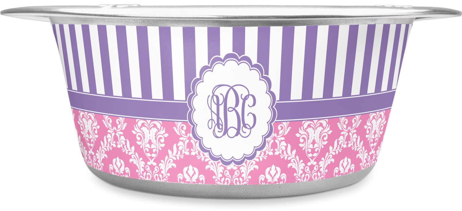 Personalized Pink & Purple Damask Stainless Steel Dog Bowl for Small Dogs - Non-Slip Pet Feeding Dish for Home, Travel & Outdoor Use