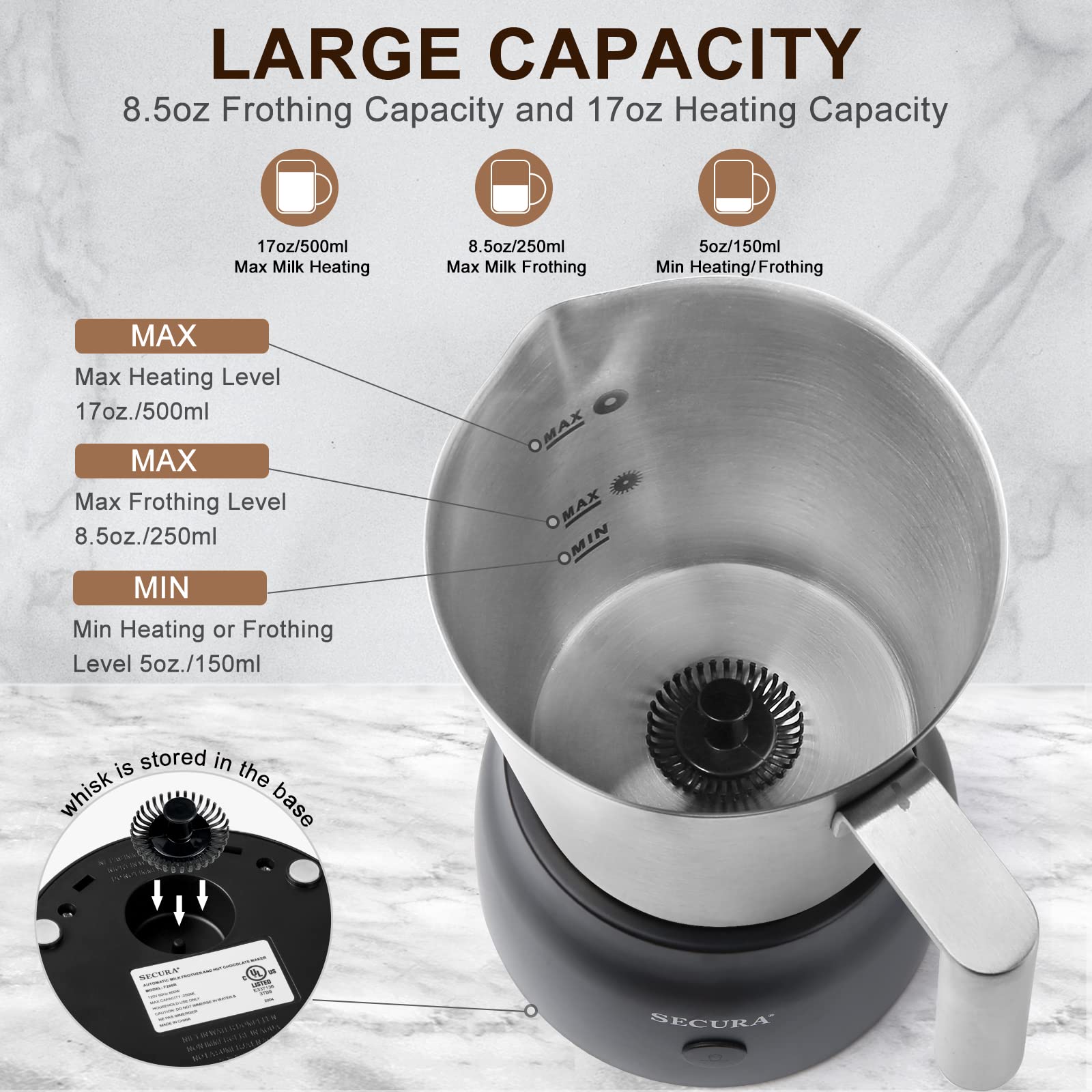 Secura 17oz Electric Milk Frother and Steamer - Stainless Steel Hot & Cold Foam Maker for Lattes, Cappuccino, Hot Chocolate - Upgraded 2-in-1 Whisks, Non-Stick Teflon-Free Design - Perfect for Coffee Shops, Home Baristas and Breakfast Drinks