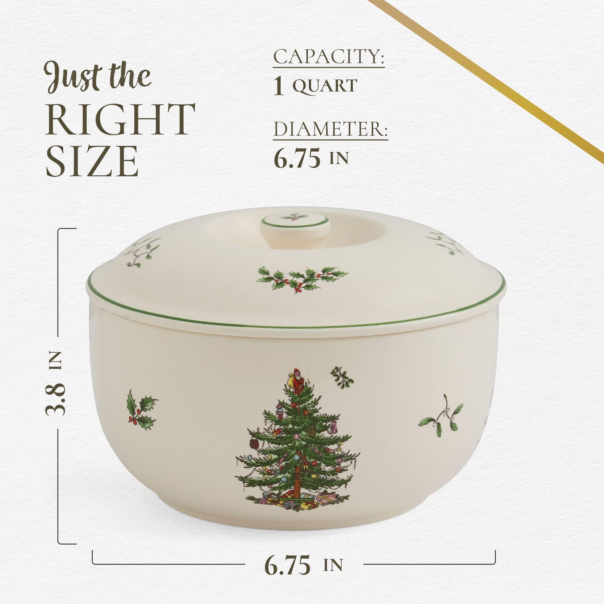 Spode Christmas Tree 1 Quart Round Casserole Dish with Lid - Stoneware Baking Dish for Holiday Desserts, Casseroles & Side Dishes - Oven, Microwave & Dishwasher Safe - Festive Holiday Serveware for Christmas Dinner, Thanksgiving & Family Gatherings