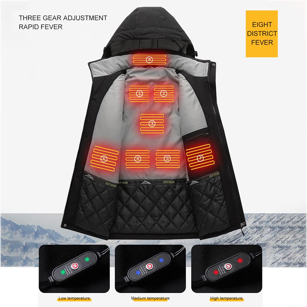 LANGWEI Men's 8-Zone USB Electric Heated Jacket - Waterproof Winter Coat for Skiing, Hiking & Outdoor Activities - Rechargeable Heating Vest for Cold Weather