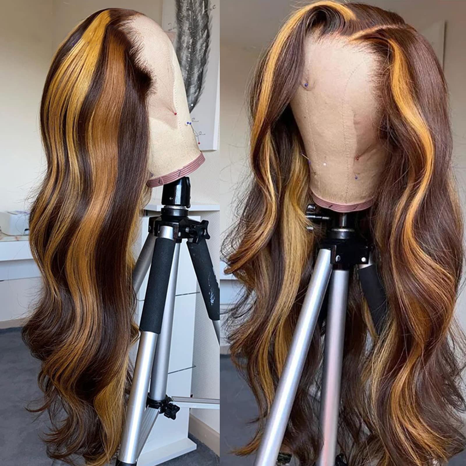 150% Density Body Wave Highlight 4/27 Lace Front Wig - Human Hair Glueless Pre-Plucked Transparent Lace Wig (22 Inch) for Everyday Wear, Parties & Special Occasions