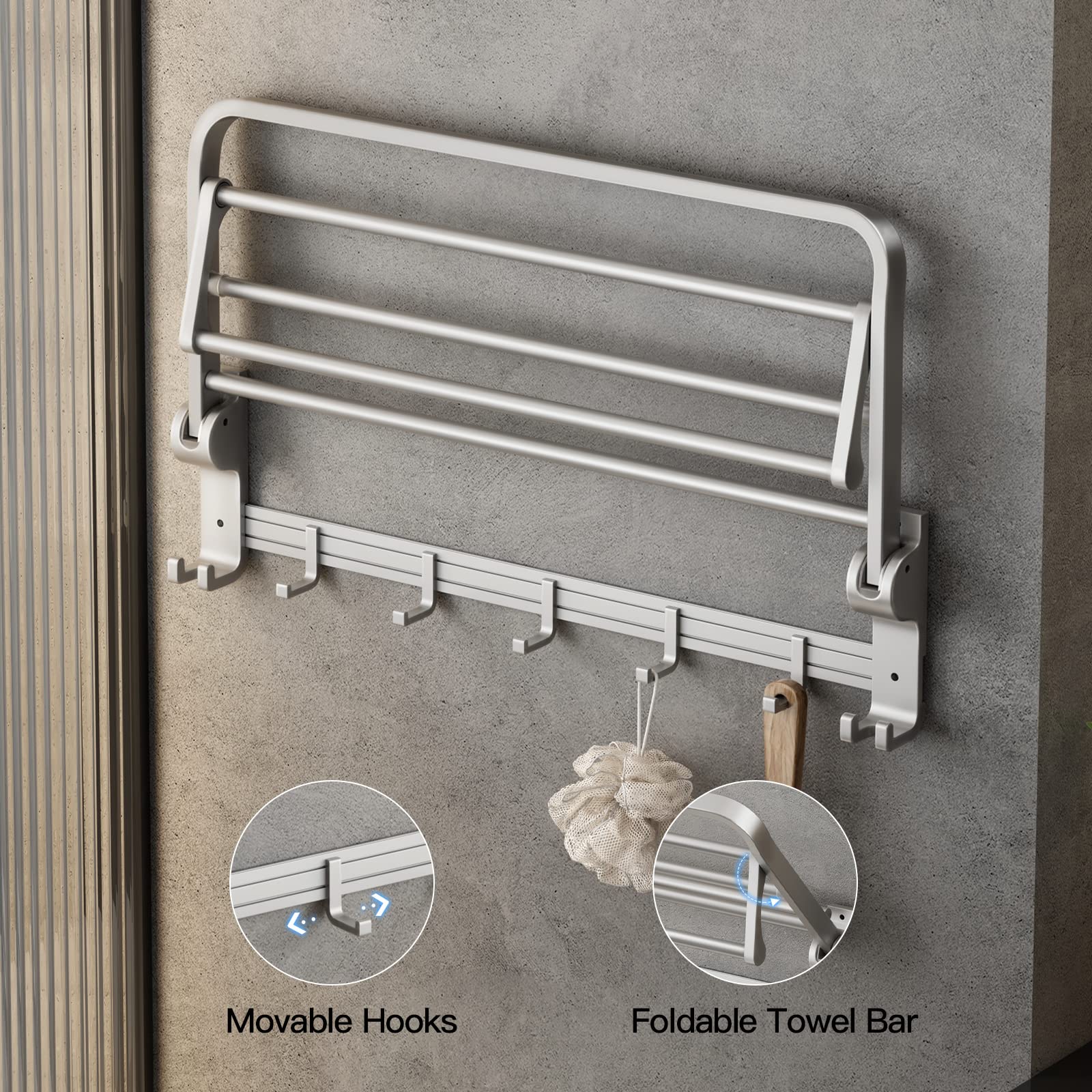 VOLPONE 24 Inch Foldable Towel Rack with Adjustable Hooks - Rustproof Wall Mounted Bathroom Towel Holder & Shelf - Perfect for Bathroom, Lavatory, and Spa Organization (Silver)