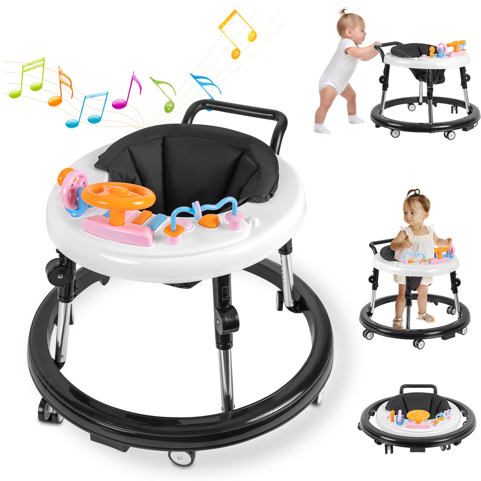 Foldable Baby Walker with Activity Center & Music - Adjustable Height (5 Levels) for Boys & Girls 6-12 Months - Includes Feeding Tray & Wheels - Perfect for Learning to Walk & Indoor Playtime