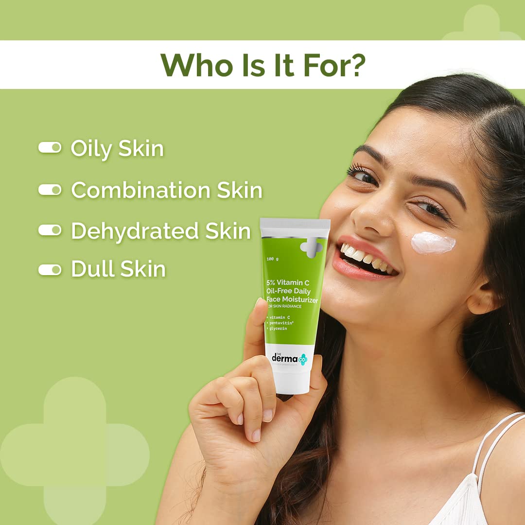 The Derma Co 5% Vitamin C Oil-Free Daily Face Moisturizer for Oily Skin - Brightening & Non-Greasy Formula (100g) | Lightweight Hydration for Glowing Skin | Day & Night Use for Radiant Complexion