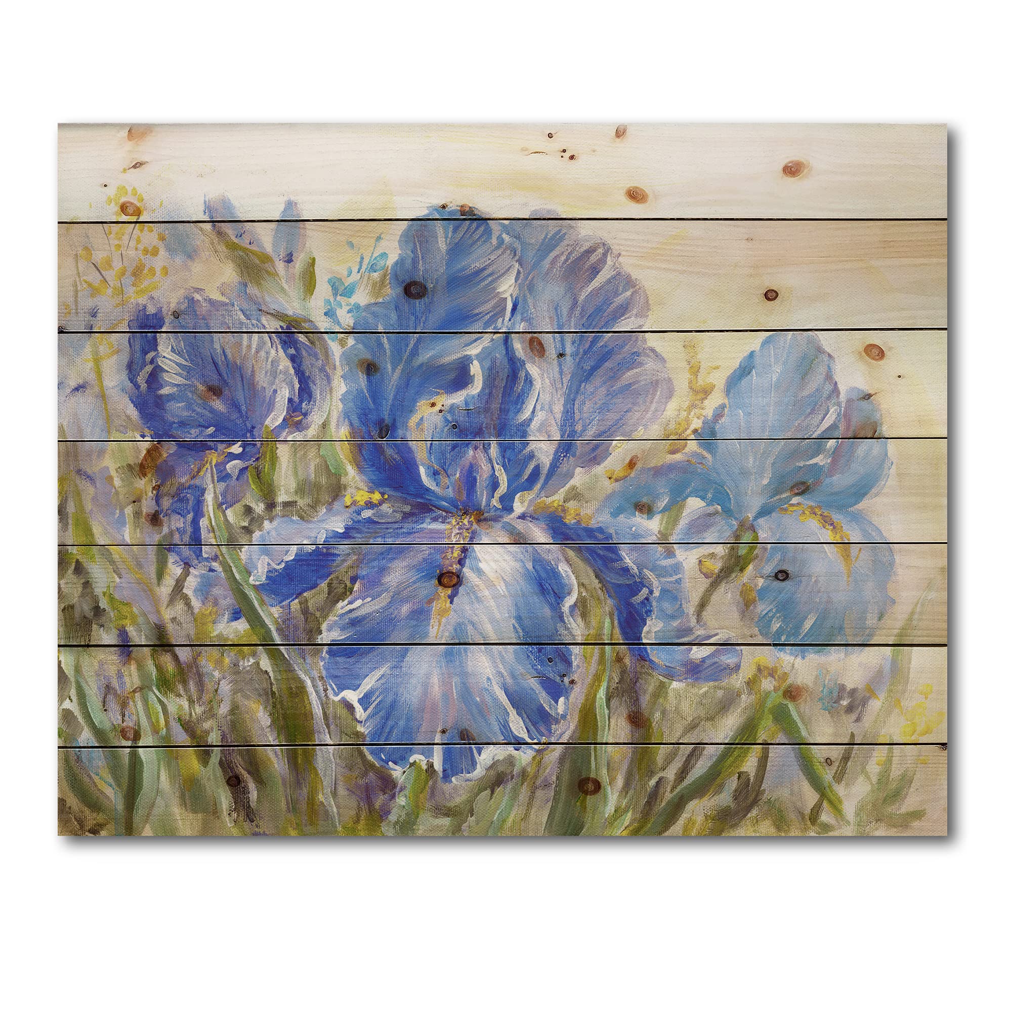 DesignQ Irises Blossoming Flowers Traditional Wood Wall Decor - Blue Floral Wood Art Panel Printed on Natural Pine - Perfect for Living Room, Bedroom & Office Wall Decoration